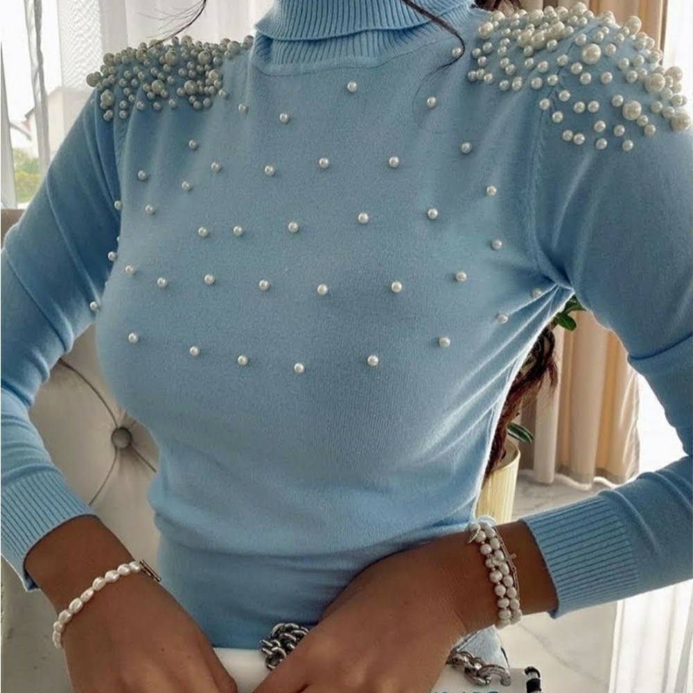 NWOT Blue turtleneck fited top faux pearl beading